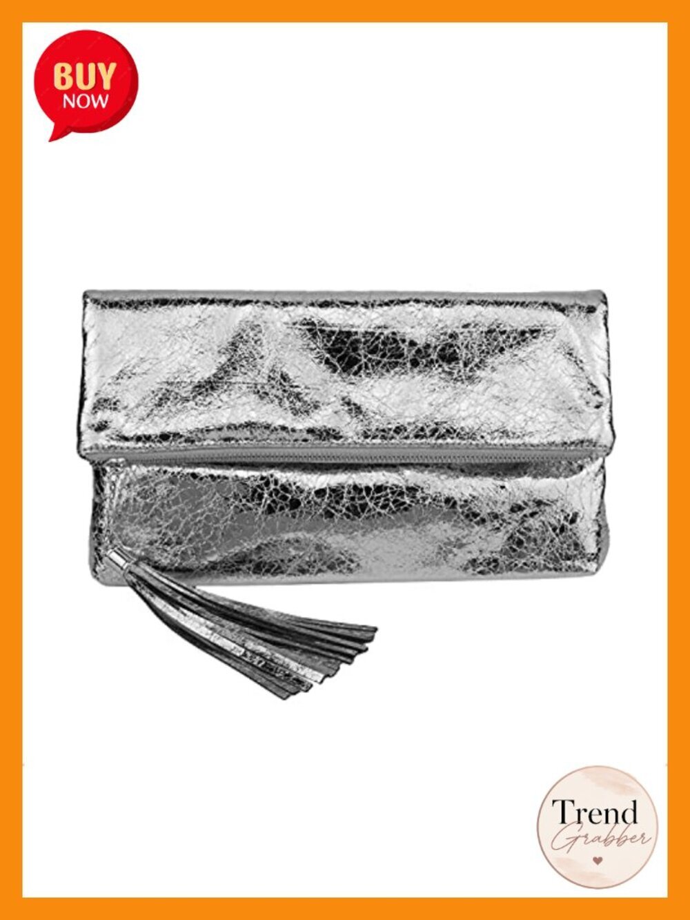 Cracked Metallic Fabric Foldover Clutch with Tassel Chain Strap